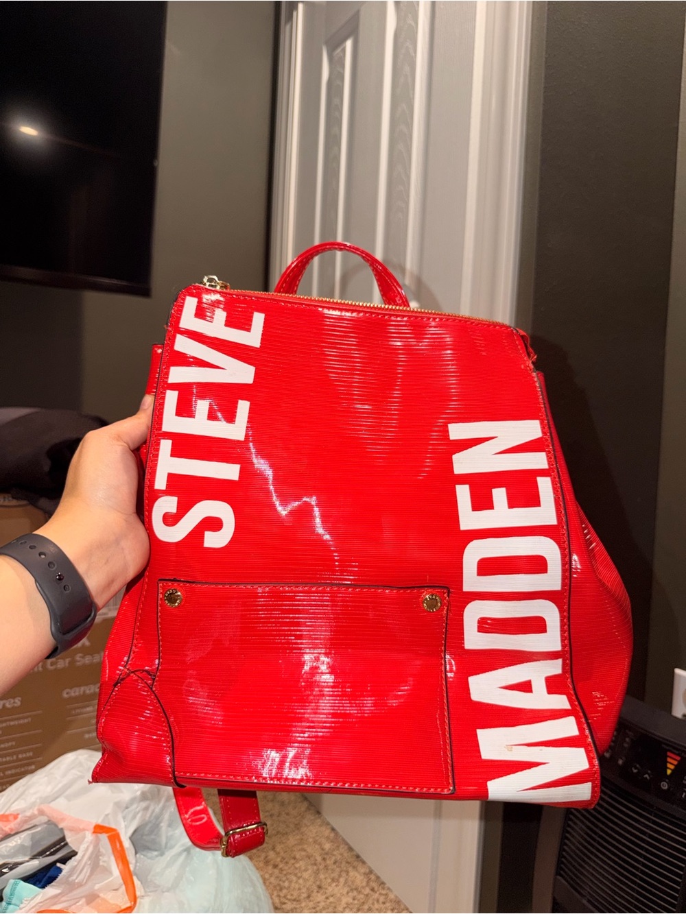 Steve Madden Glossy Red Logo Backpack